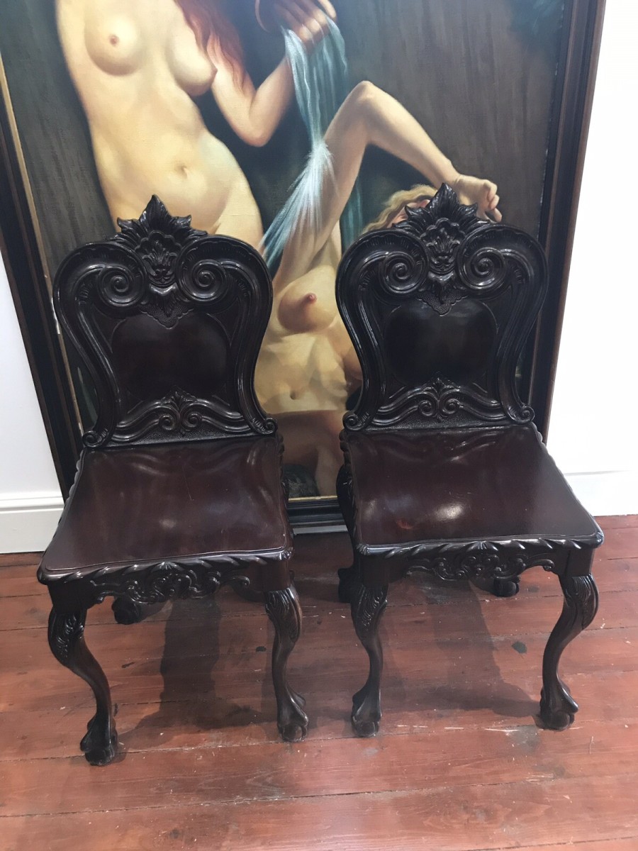 Fine Pair Regency Style Carved Elm Classical Hall Seats