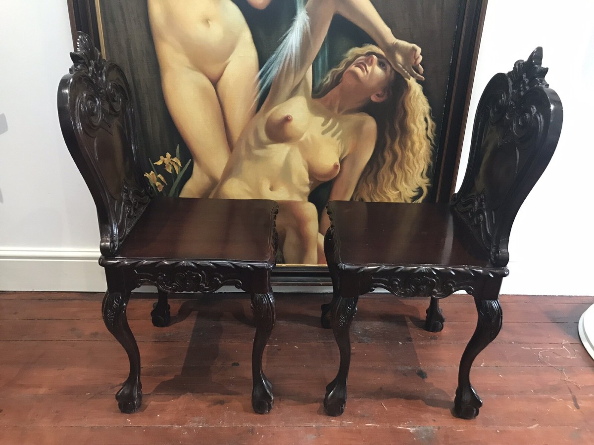 Fine Pair Regency Style Carved Elm Classical Hall Seats
