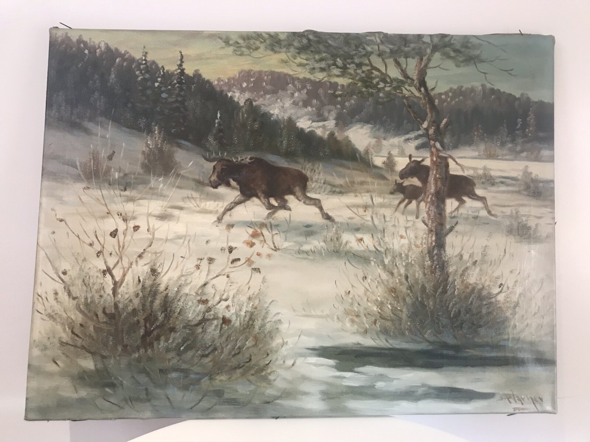 Primary image for Stags In Snow Scene Original Oil Painting Signed By Artist S Warner
