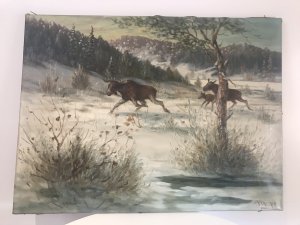 Stags In Snow Scene Original Oil Painting Signed By Artist S Warner