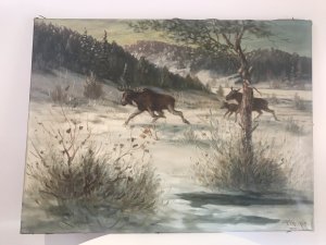Impressive Scow Scene Oil Painting Of Stags Running Across Viennese Landscape Original Artwork Signed By The Artist S Warner Oil On Canvas Good Detail Showing Immense Light And Shade Truly Magical Scene Unframed Artwork