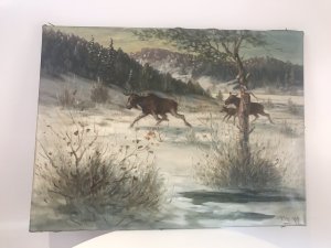 Impressive Scow Scene Oil Painting Of Stags Running Across Viennese Landscape Original Artwork Signed By The Artist S Warner Oil On Canvas Good Detail Showing Immense Light And Shade Truly Magical Scene Unframed Artwork