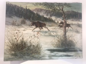 Impressive Scow Scene Oil Painting Of Stags Running Across Viennese Landscape Original Artwork Signed By The Artist S Warner Oil On Canvas Good Detail Showing Immense Light And Shade Truly Magical Scene Unframed Artwork