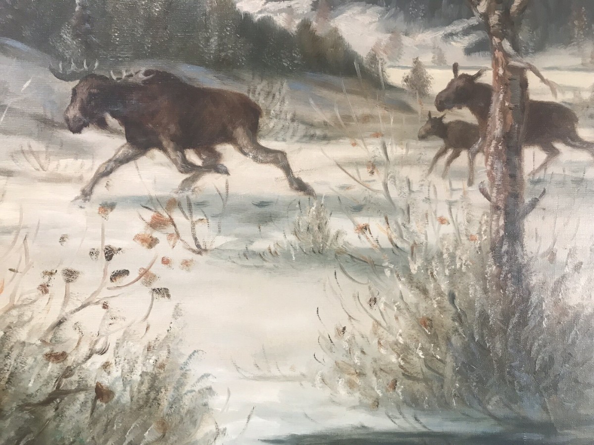 Stags In Snow Scene Original Oil Painting Signed By Artist S Warner