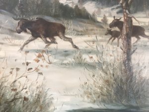 Impressive Scow Scene Oil Painting Of Stags Running Across Viennese Landscape Original Artwork Signed By The Artist S Warner Oil On Canvas Good Detail Showing Immense Light And Shade Truly Magical Scene Unframed Artwork