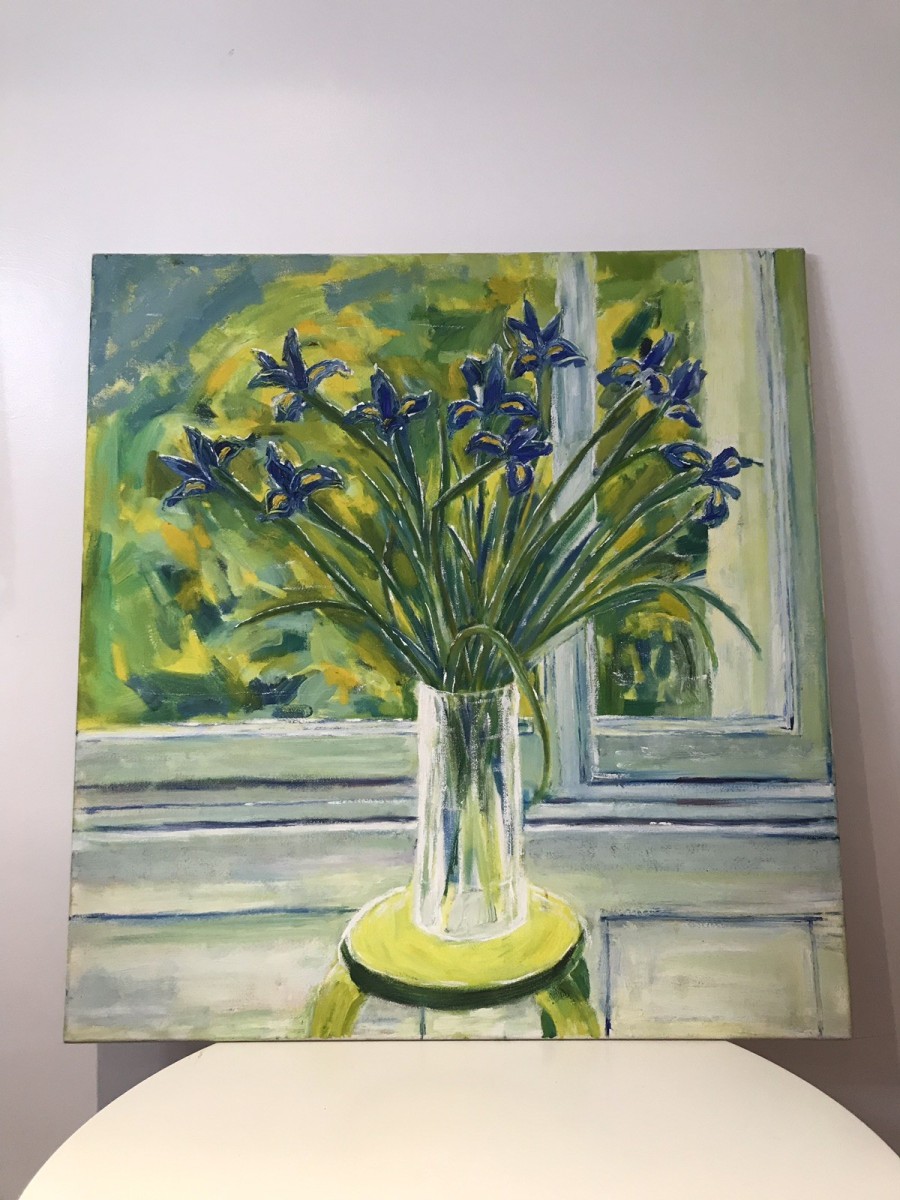 Modern Art Oil On Canvas Vase Of Dutch Iris