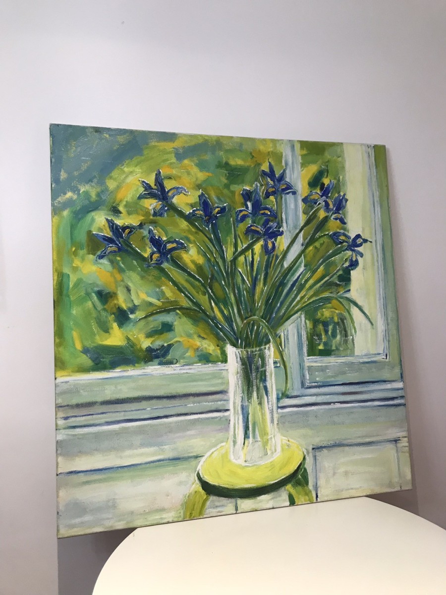 Modern Art Oil On Canvas Vase Of Dutch Iris
