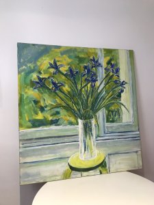 Modern Art Oil On Canvas Vase Of Stunning Dutch Iris Stunning Oil Painting The Vase Stands Upon A Stool In Front Of A Panelled Window In A French Chateau. Beautiful Impressionistic Colour Through The Window Exceptional Vivid Oils In Blue, Yellow And Green Unsigned But Original Artwork In The Style Of Claude Monet Dimensions In Inches Height 36” Width 34”