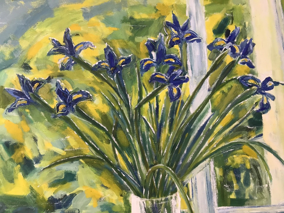 Modern Art Oil On Canvas Vase Of Dutch Iris