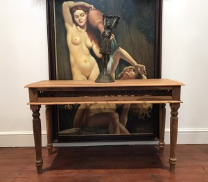 Industrial Iron Work Hall/Console Table Standing On Turned Legs Iron Work Interlocking Chain Style Panels Stunning Wood Grain In Hardwood Waxed Natural Colour Rustic Look Heavy Quality Piece Dimensions In Inches Height 30" Width 50.5" Depth 18.5" Please Note All Furniture Is Cash On Collection Or Courier Delivery Buyers Must Check Over Items On Delivery Or Collection And Once Satisfied Sign Receipt Of Satisfaction No PayPal Payments As I’ve Had To Many Disputes With Scammers Claiming Money Back Falsely Months Later