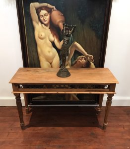 Industrial Iron Work Hall/Console Table Standing On Turned Legs Iron Work Interlocking Chain Style Panels Stunning Wood Grain In Hardwood Waxed Natural Colour Rustic Look Heavy Quality Piece Dimensions In Inches Height 30" Width 50.5" Depth 18.5" Please Note All Furniture Is Cash On Collection Or Courier Delivery Buyers Must Check Over Items On Delivery Or Collection And Once Satisfied Sign Receipt Of Satisfaction No PayPal Payments As I’ve Had To Many Disputes With Scammers Claiming Money Back Falsely Months Later