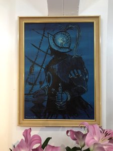 ORIGINAL OIL ON CANVAS SILHOUETTE OF SIR FRANCIS DRAKE SAILING SHIPS ON THE SEA IN THE BACKGROUND STRIKING SCENE SIGNED BY ARTIST KENNETH LEA Dimensions In Inches Height 27" Width 20"