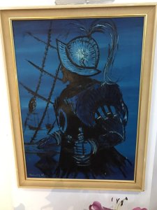 ORIGINAL OIL ON CANVAS SILHOUETTE OF SIR FRANCIS DRAKE SAILING SHIPS ON THE SEA IN THE BACKGROUND STRIKING SCENE SIGNED BY ARTIST KENNETH LEA Dimensions In Inches Height 27" Width 20"