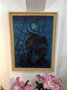 ORIGINAL OIL ON CANVAS SILHOUETTE OF SIR FRANCIS DRAKE SAILING SHIPS ON THE SEA IN THE BACKGROUND STRIKING SCENE SIGNED BY ARTIST KENNETH LEA Dimensions In Inches Height 27" Width 20"