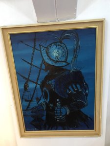 ORIGINAL OIL ON CANVAS SILHOUETTE OF SIR FRANCIS DRAKE SAILING SHIPS ON THE SEA IN THE BACKGROUND STRIKING SCENE SIGNED BY ARTIST KENNETH LEA Dimensions In Inches Height 27" Width 20"