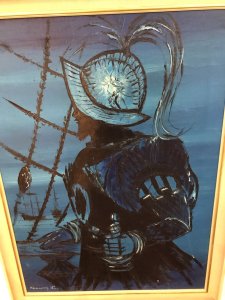 ORIGINAL OIL ON CANVAS SILHOUETTE OF SIR FRANCIS DRAKE SAILING SHIPS ON THE SEA IN THE BACKGROUND STRIKING SCENE SIGNED BY ARTIST KENNETH LEA Dimensions In Inches Height 27" Width 20"
