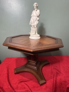 Beautiful Coffee Table In The Art Deco Style. Sits Upon Column Stretcher And X Shaped Pedestal With Bun Feet. Composition - Elm Wood. Height 41.5cm X Width 56cm (Table Top) X Base Width 39cm.