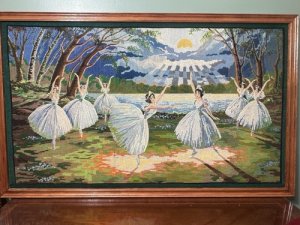 Impressive Hand Woven Wool Needlepoint Ballerina Scene From Iconic Ballet Titled 'SWAN LAKE'.  The Ballerinas Dance On The Waters Edge, Surrounded By Over Shadowing Trees As The Moonlight Beams Down Upon The Lake Behind Them.