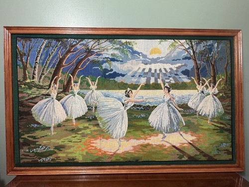 Large Stunning Swan Lake Ballet Wool Work Tapestry In Oak Frame