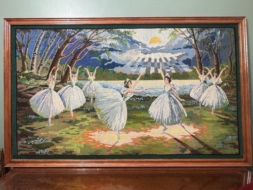Large Stunning Swan Lake Ballet Wool Work Tapestry In Oak Frame