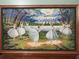 Impressive Hand Woven Wool Needlepoint Ballerina Scene From Iconic Ballet Titled 'SWAN LAKE'.  The Ballerinas Dance On The Waters Edge, Surrounded By Over Shadowing Trees As The Moonlight Beams Down Upon The Lake Behind Them.
