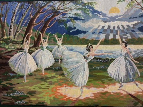 Large Stunning Swan Lake Ballet Wool Work Tapestry In Oak Frame