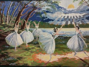 Impressive Hand Woven Wool Needlepoint Ballerina Scene From Iconic Ballet Titled 'SWAN LAKE'.  The Ballerinas Dance On The Waters Edge, Surrounded By Over Shadowing Trees As The Moonlight Beams Down Upon The Lake Behind Them.