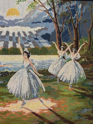 Large Stunning Swan Lake Ballet Wool Work Tapestry In Oak Frame
