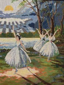 Impressive Hand Woven Wool Needlepoint Ballerina Scene From Iconic Ballet Titled 'SWAN LAKE'.  The Ballerinas Dance On The Waters Edge, Surrounded By Over Shadowing Trees As The Moonlight Beams Down Upon The Lake Behind Them.